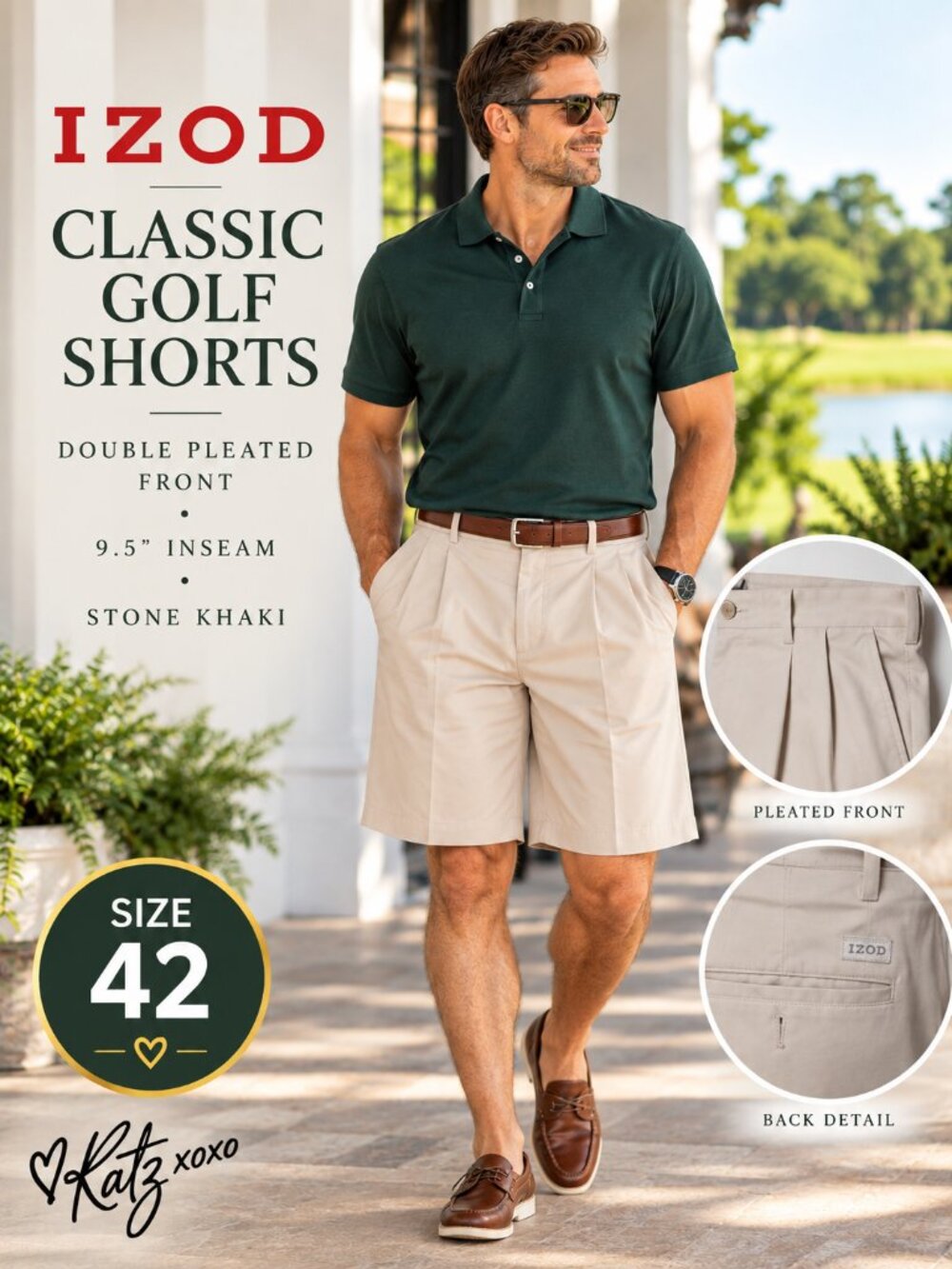 IZOD Men’s 42 Stone Khaki Double Pleated Golf Chino Shorts 9.5” Preppy Classic